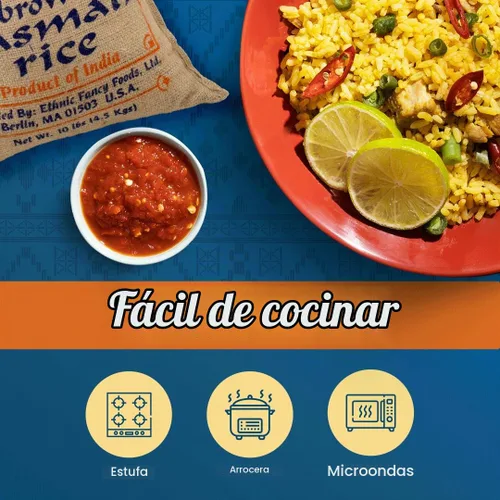 Vista 6 de Bombay Market - Arroz basmati marrón con sabor aromático y a nuez, arroz basmati de grano largo (bolsa de 10 libras)