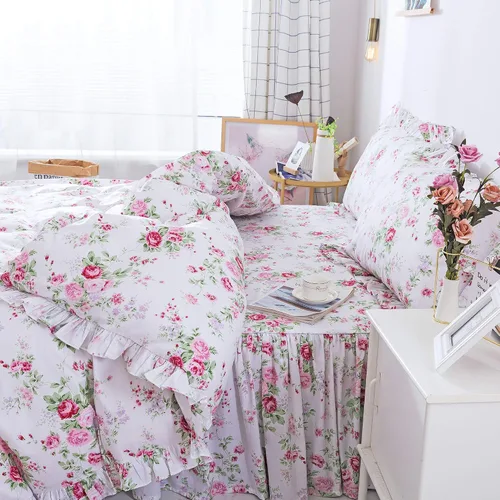 Vista 8 de FADFAY Juego de ropa de cama de algodón desgastado floral tamaño Queen 4 piezas en color azul claro con estampado de hortensias, estilo francés