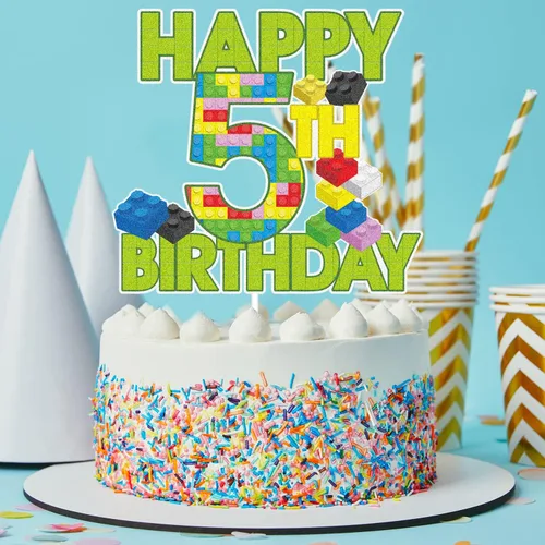 Vista 7 de Decoración de pastel de bloque de construcción de feliz 5º cumpleaños – Juegos de rompecabezas para fiesta de 5 cumpleaños de niño, suministros