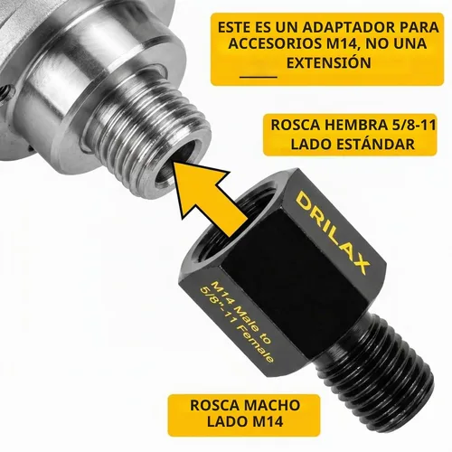 Vista 6 de Drilax Adaptador de amoladora angular M14 macho a 5/8-11 hembra, convertidor de rosca europeo a norteamericano para brocas de núcleo de diamante