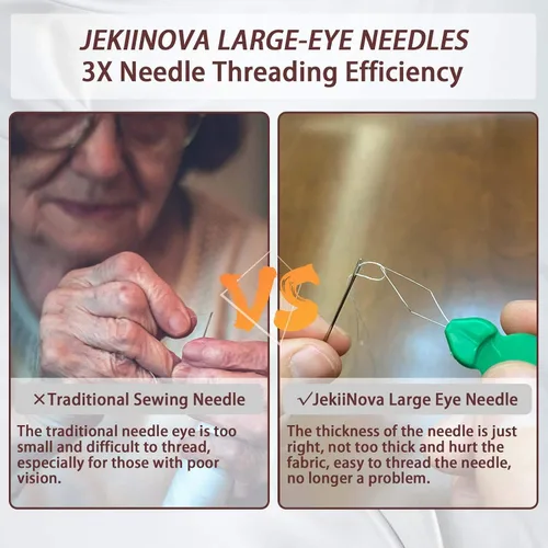 Vista 4 de Agujas de ojo grande para coser a mano, 50 agujas de coser de ojos grandes de alta calidad con enhebradores y tubo de almacenamiento, 5 agujas