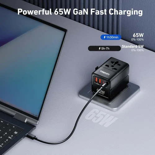 Vista 3 de TRENFI Adaptador de viaje universal GaN+ de 65 W Salida de CA USB-C PD3.0 USB-A QC3.0 de cinco puertos, cargador de enchufe internacional