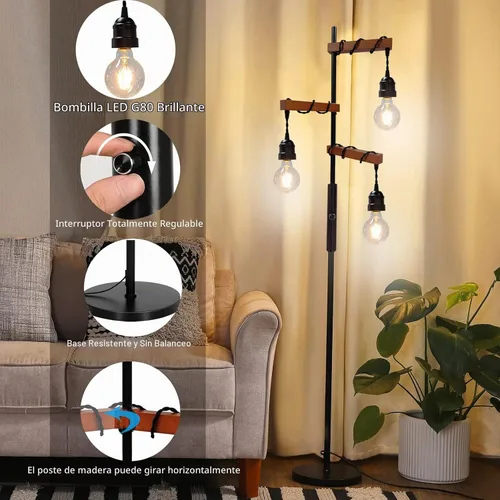 Vista 6 de Lámpara de pie industrial regulable, moderna lámpara de pie de árbol de granja para sala de estar, dormitorio, oficina, decoración rústica del hogar