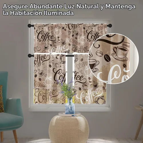 Vista 6 de Cortinas de Ventana de Cocina con Temática de Café, Juego de Cenefa y Niveles, Cortina Corta Marrón Estilo Granja con Bolsillo para Varilla