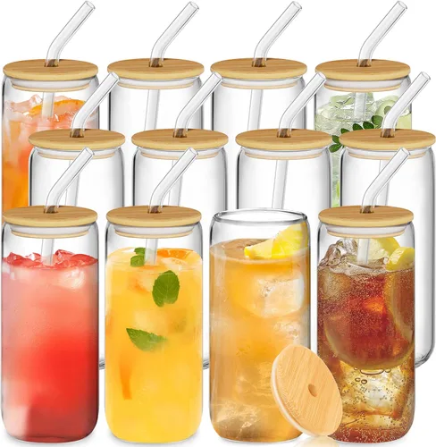 Vista 11 de 12 vasos de vidrio con tapas y pajitas de bambú, vaso de vidrio de 16 onzas, taza de café helado, vasos con forma de lata para café, té, batido