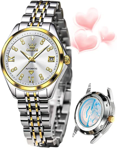 Vista 9 de OLEVS - Reloj automático de lujo para mujer con diamantes, fecha, clásico, de cuerda automática, relojes de pulsera luminosos e impermeables