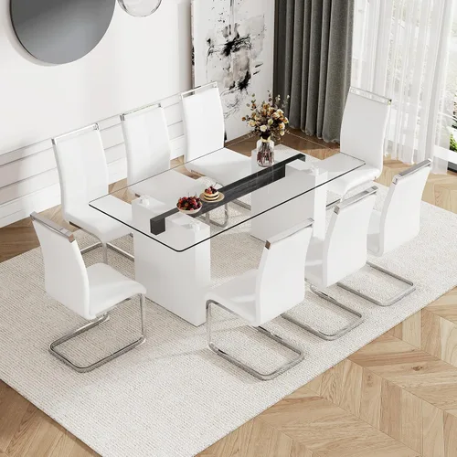 Vista 12 de Juego de mesa de comedor de vidrio de 71 pulgadas para 6, mesa de comedor para 6, mesa de vidrio templado con marco de MDF blanco y 6 sillas