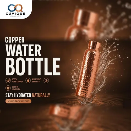 Vista 3 de Botella de agua de cobre 100% puro, 34 onzas (1 litro), botella de cobre martillado con tapa a prueba de fugas, botella de metal reutilizable
