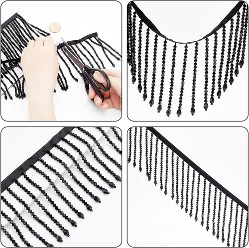 Vista 3 de AHANDMAKER Borde de flecos de cuentas de vidrio de 1 yarda, 3.58 pulgadas de ancho, cinta de borlas de diamantes de imitación para cortina