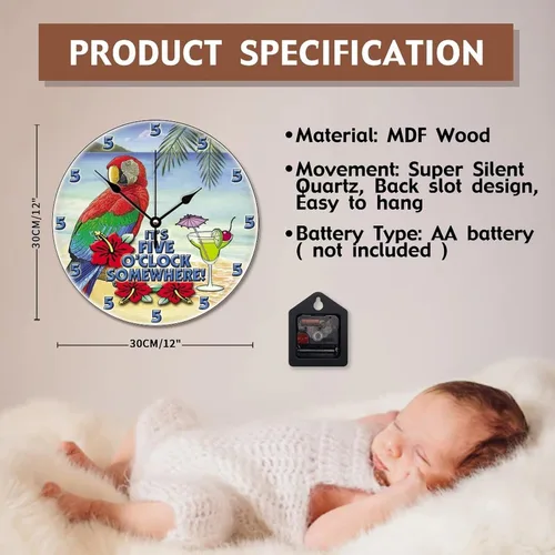 Vista 7 de ArogGeld Reloj tropical en algún lugar de madera, reloj de pared de madera, funciona con pilas, 12 pulgadas, sin tictac, moderno, para sala