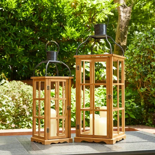 Vista 10 de Glitzhome Juego de 2 faroles decorativos de madera y metal para colgar en el patio, color negro (sin vidrio)