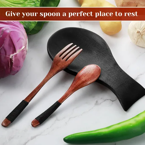 Vista 5 de Patelai Soporte para cucharas de madera de acacia para estufa, soporte de bambú para soporte de espátula para cocina, soporte para cuchara