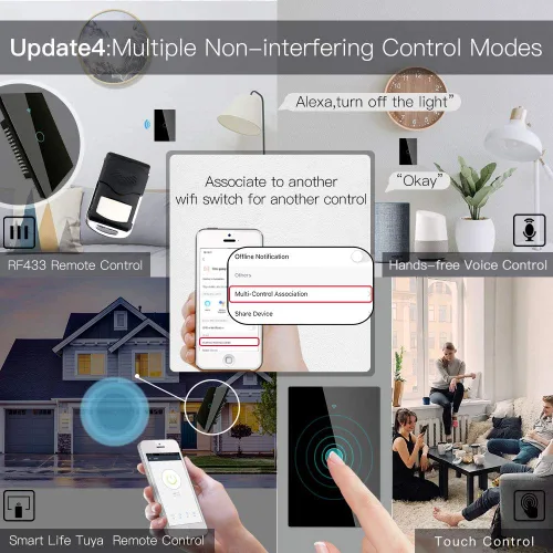 Vista 7 de Interruptor de luz de pared inteligente con WiFi MoesGo, panel de vidrio, control múltiple (3 vías), interruptores táctiles Wi-Fi de 2.4GHz