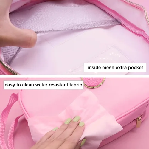 Vista 5 de Fablinks Preppy - Lonchera rosa para mujer, reutilizable, aislada, de nailon, para el trabajo, bonita lonchera compacta con parche de corazón