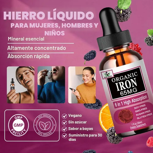 Vista 2 de Suplemento de hierro para mujeres con vitamina C, suplemento líquido 6 en 1 con vitamina B12, vitamina B6, gotas de hierro líquido de alta absorción