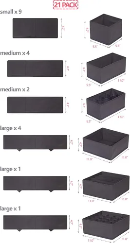 Vista 2 de DIOMMELL Paquete de 21 cajas de almacenamiento de tela plegables para armario, aparador, cajón, cestas de tela, contenedores divisores para ropa