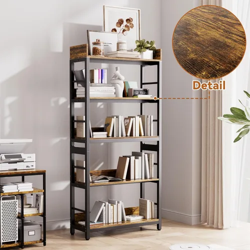 Vista 5 de Aquzee Librería, 66 "H 5-Tiers Heavy Duty Industrial Estantería de Madera y Metal, Rústica y Negro Unidades de Estante Alto para el Hogar, Oficina