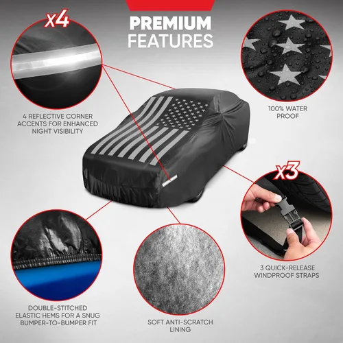 Vista 5 de Motor Trend Funda impermeable para automóvil con bandera de Estados Unidos, protección para todo tipo de clima, resistente a los rayos UV