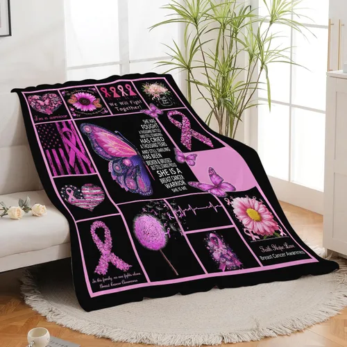 Vista 6 de Manta de Concientización sobre el Cáncer de Mama con Cinta Rosa de Quimioterapia, Manta de Franela de Felpa Suave, Decoración Inspiradora