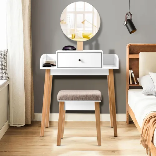 Vista 9 de MAT EXPERT Juego de tocador con espejo de altura ajustable, tocador de madera maciza blanca con taburete acolchado, tocador de maquillaje con cajón