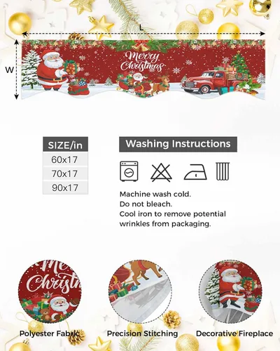 Vista 6 de Bufanda roja de Navidad, decoración de chimenea para sala de estar, copo de nieve de Papá Noel, árbol de Navidad, chimenea, mantel de invierno