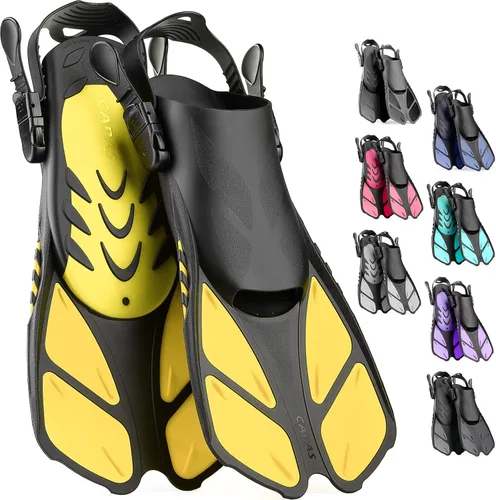 Vista 9 de CAPAS - Aletas de natación de talón abierto, tamaño de viaje, cortas, ajustables para buceo, adultos, hombres, mujeres y niños