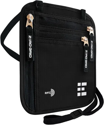 Vista 9 de Cartera para el cuello para viajes y pasaporte con bloqueo RFID, delgada y fácil de ocultar, bolsa de viaje de nailon para hombres y mujeres