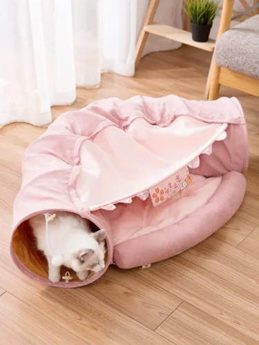 Vista 3 de Tubo de cama de túnel para gatos 2 en 1 con cojín y bola de felpa, parque infantil plegable para gatos grandes, gatitos, cachorros, perros pequeños