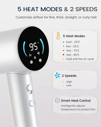 Vista 5 de Secador de pelo iónico, secadora de arco de alta velocidad de 120,000 RPM con difusor para cabello rizado, grueso y encrespado, secador de pelo