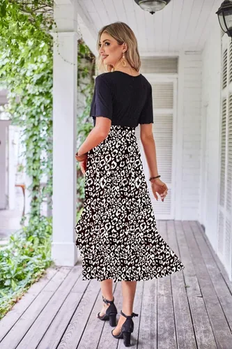 Vista 4 de Vestido largo de manga corta con cuello en V para mujer, con volantes, dobladillo dividido, bohemio, estampado floral, cintura con lazo