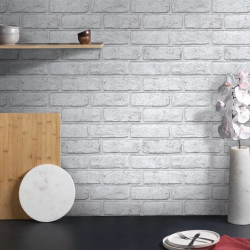 Vista 7 de Commomy Paneles de pared autoadhesivos de ladrillos falsos - 10 piezas de 30 cm x 30 cm de tamaño pequeño, diseño de PVC gris con manchas, papel