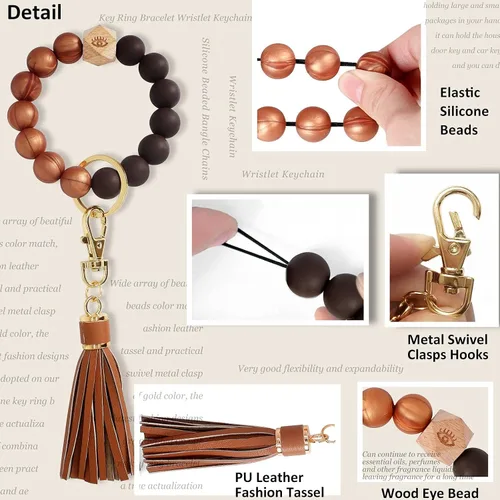 Vista 3 de BIHRTC Llavero de silicona con cuentas, pulsera de piel sintética con borla, llavero portátil, llaves de coche, llavero, llavero para mujer, niña