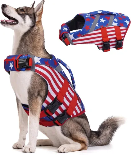 Vista 16 de Kuoser Chaleco salvavidas reflectante para perro, chaleco salvavidas para nadar y navegar Chalecos salvavidas ajustables para mascotas, traje