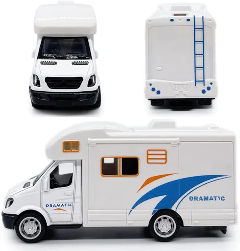 Vista 3 de Mini juguete de autocaravana camper RV para niños, modelo de aleación con tracción hacia atrás, vehículo recreativo con aventura, con muebles, techo