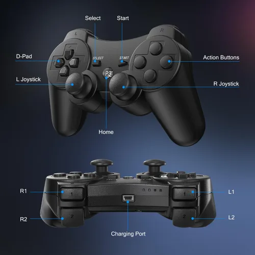 Vista 6 de Yinjie 2 Pack Wireless Controller for PS3, Compatible with Playstation 3, with 2 Charging Cables - Black