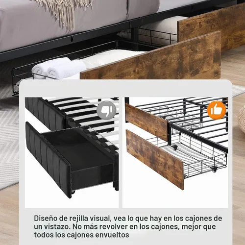 Vista 7 de Ailisite Marco de cama de tamaño individual de granja con almacenamiento y 4 cajones, marco de cama LED rústico con cabecera y estación de carga