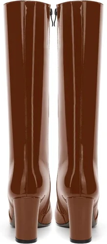 Vista 200 de AMBELIGHT Botas altas hasta la rodilla con cremallera y puntera puntiaguda para mujer, de patente sólida, tacón alto, 3.3 pulgadas