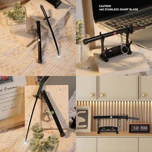 Vista 5 de 5.7-Inch Mini Katana Letter Opener, Stainless Steel Samurai Sword Envelope Slitter with Display Stand, Anime Keychains, Desk Decor, Gift for Men