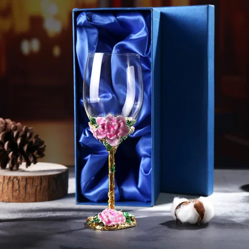 Vista 5 de Simcat Copa de Vino Pintada a Mano de Esmalte Floral Transparente Refinada, Pie para Cabernet, Regalos (Caja de regalo doble azul, 2 Cajas de regalo)