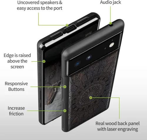 Vista 8 de Carveit Funda de madera para Pixel 6 2021 [madera natural y TPU suave] a prueba de golpes, funda de madera única compatible con Google Pixel 6