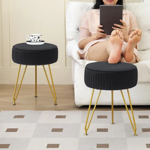 Vista 7 de Taburete de tocador de terciopelo, silla redonda de maquillaje con patas de metal ajustables y asiento acolchado suave, taburete otomano