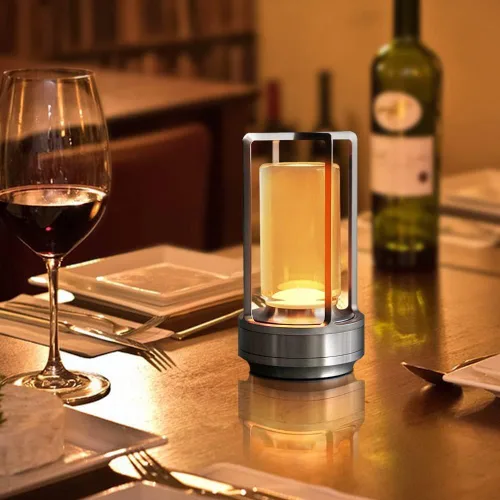 Vista 5 de Lámpara de cristal, lámpara de mesa, lámpara de farol de cristal, 3 colores, luces LED inalámbricas recargables para luces de restaurante, plateado