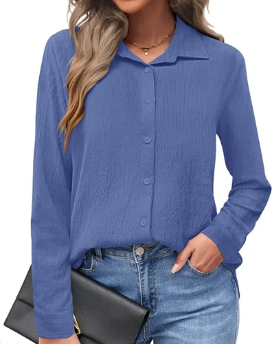 Vista 6 de AUSELILY - Camisas con botones para mujer, manga larga, cuello con botones, blusas casuales para el trabajo y negocios, túnicas