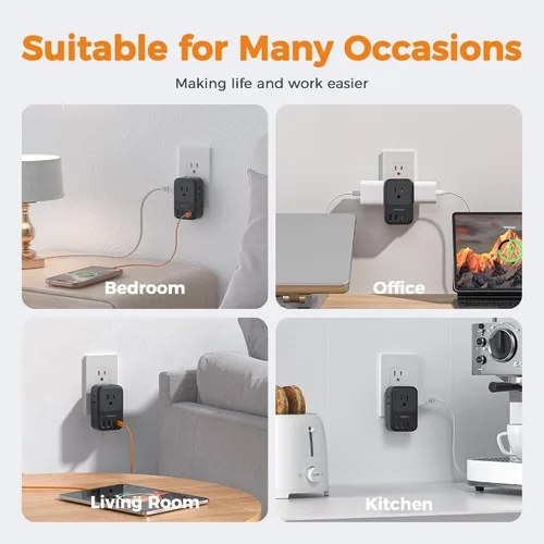 Vista 7 de TESSAN Bloque de cargador USB C de 20 W PD, adaptador de carga rápida con enchufe plegable, extensor de toma de corriente de 1875 W (4 CA y 4 USB)