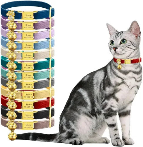 Vista 16 de Collar de gato personalizado con placa de nombre, collares ajustables de nailon resistente para identificación de gato con campana, personaliza