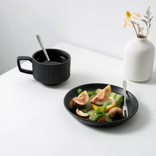 Vista 4 de Rock Texture - Juego de té de café de cerámica en relieve, espresso capuchino, taza y platillo de cerámica novedosa para amigos, mujeres, hombres