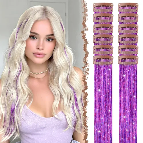 Vista 22 de FESHFEN Juego de 12 extensiones de cabello con clip, color negro, con clip, con purpurina, kit de accesorios coloridos para mujeres, de 20 pulgadas