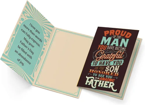 Vista 3 de Prime Greetings Tarjeta del día del padre para hijo, hecha en Estados Unidos, ecológica, tarjeta gruesa con sobre de primera calidad de 5 x 7.75