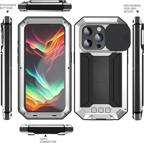 Vista 3 de FW - Funda de metal compatible con iPhone 15 Pro con cubierta deslizante para cámara deslizante, protector de pantalla integrado, funda híbrida
