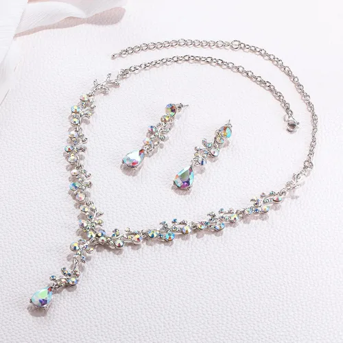 Vista 3 de EleQueen Austrian Crystal Necklace Earrings Bridal Jewerly Set for Brides Wedding Party Dress Costume Accessories for Women Iridescent AB Silver-Tone